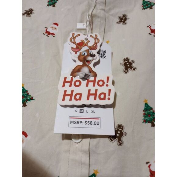 Denim and Flower Shirt Men's Medium Christmas Button Front Short Sleeve Tan Chri - Picture 4 of 8